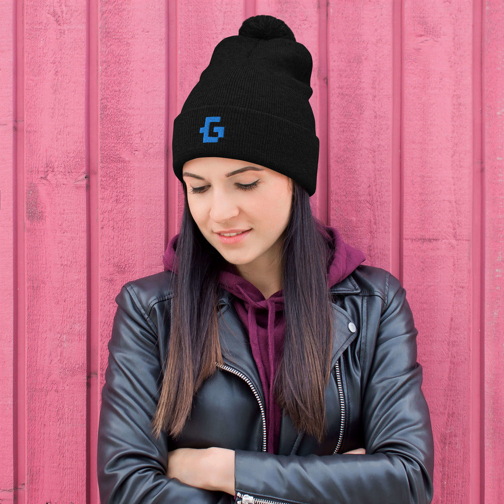 Blue glyph unisex pom-pom beanie