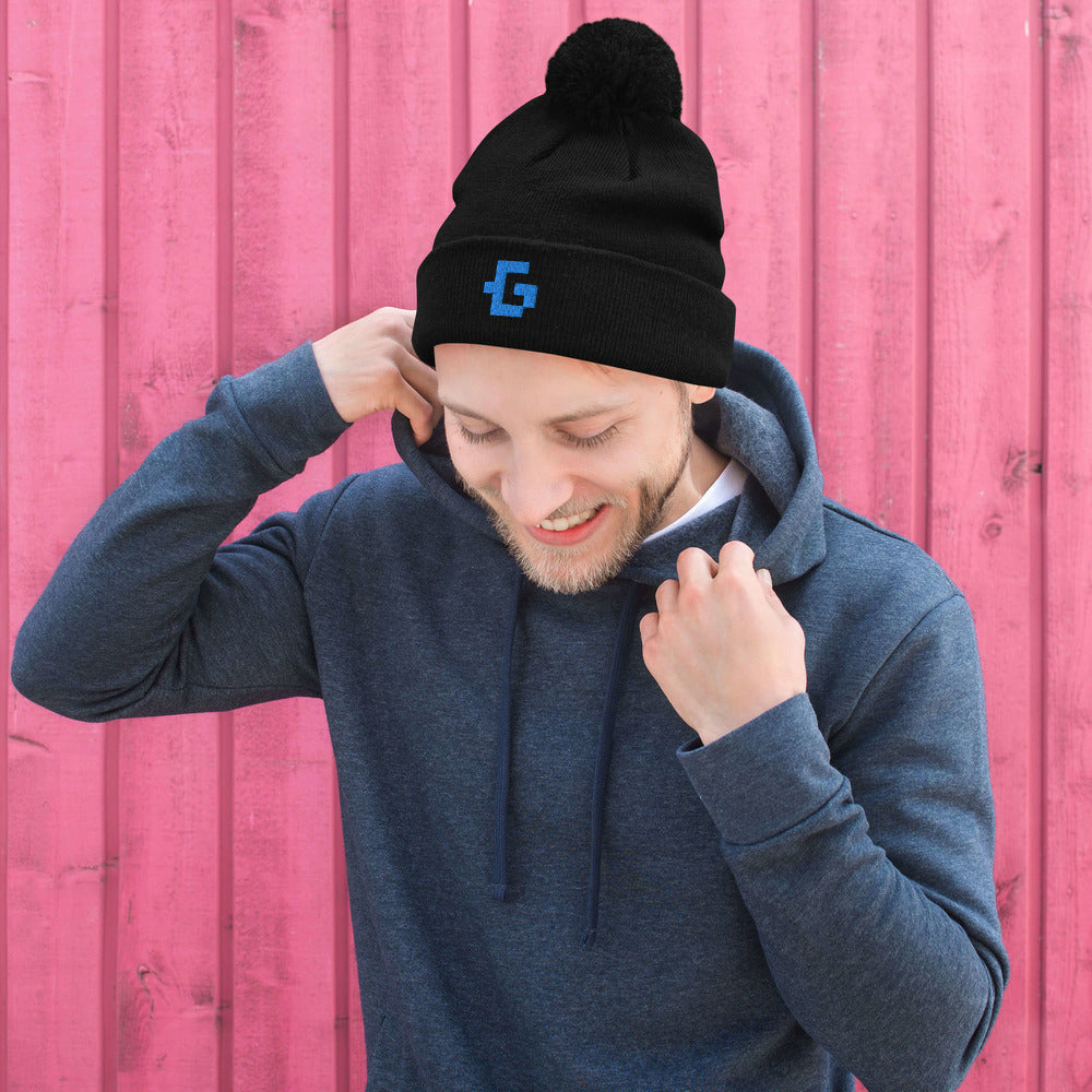 Blue glyph unisex pom-pom beanie