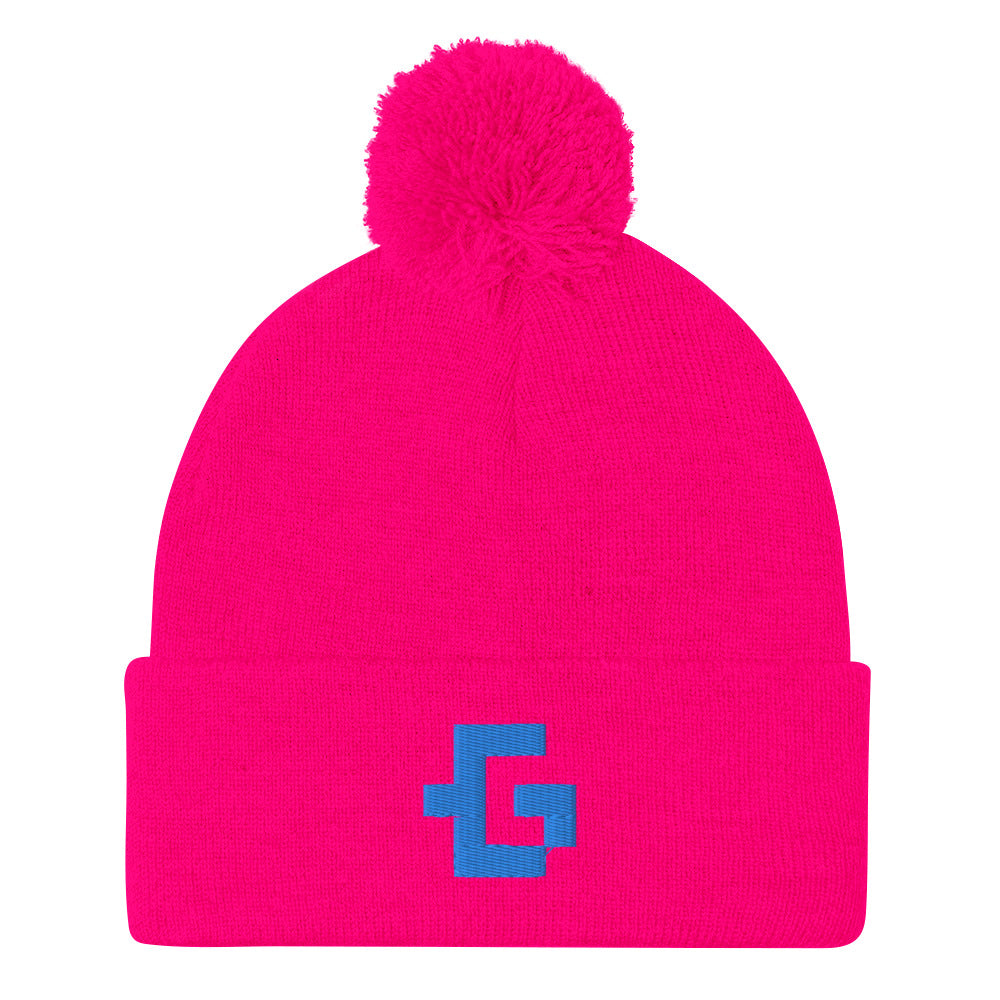Blue glyph unisex pom-pom beanie