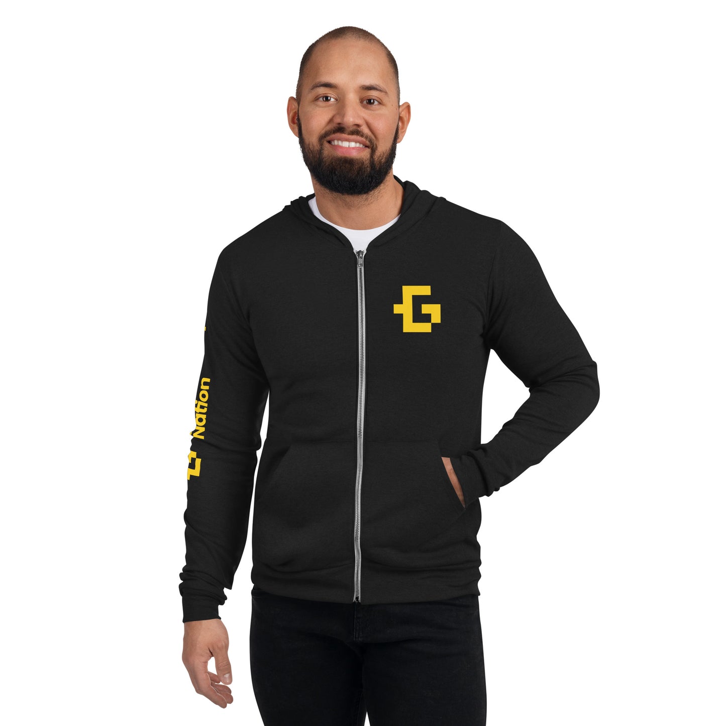 Yellow logo unisex zip hoodie