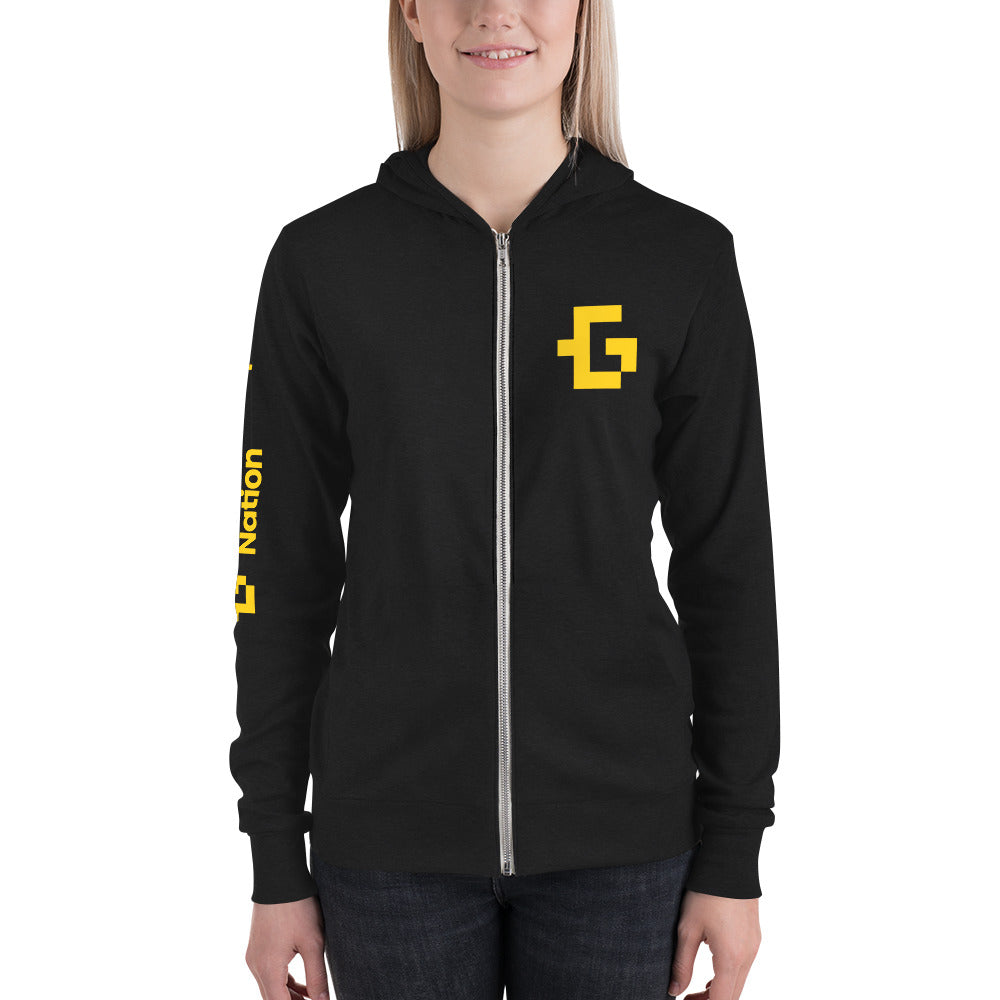 Yellow logo unisex zip hoodie